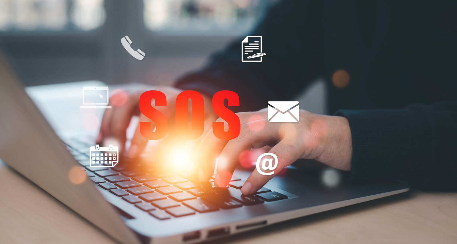 SOS with Emergency app concept, Business people using a laptop and touch bar Emergency app at home, call phone, Chat message icon, Emergency application from smartphone for elderly, call for help