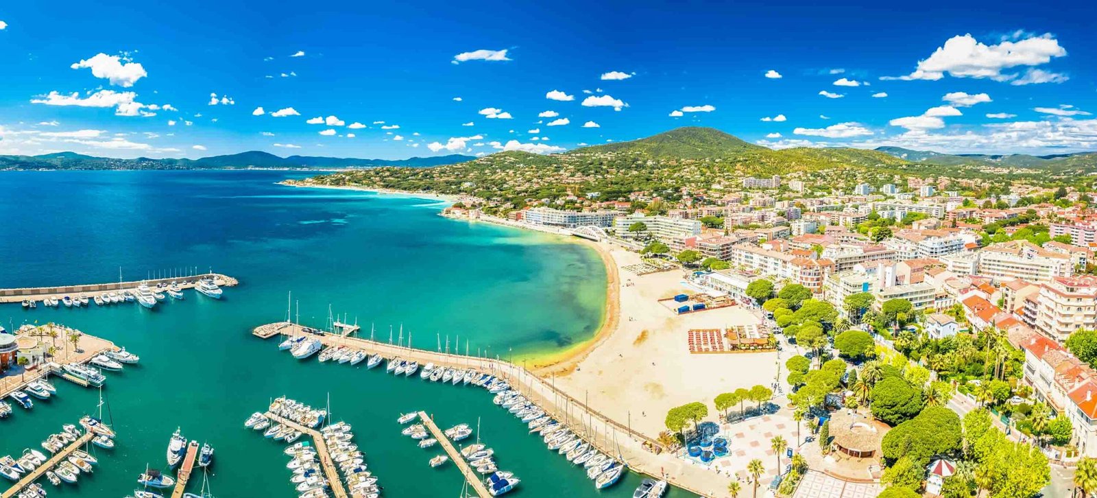 Sainte Maxime beach and coastline aerial panoramic view, south of France